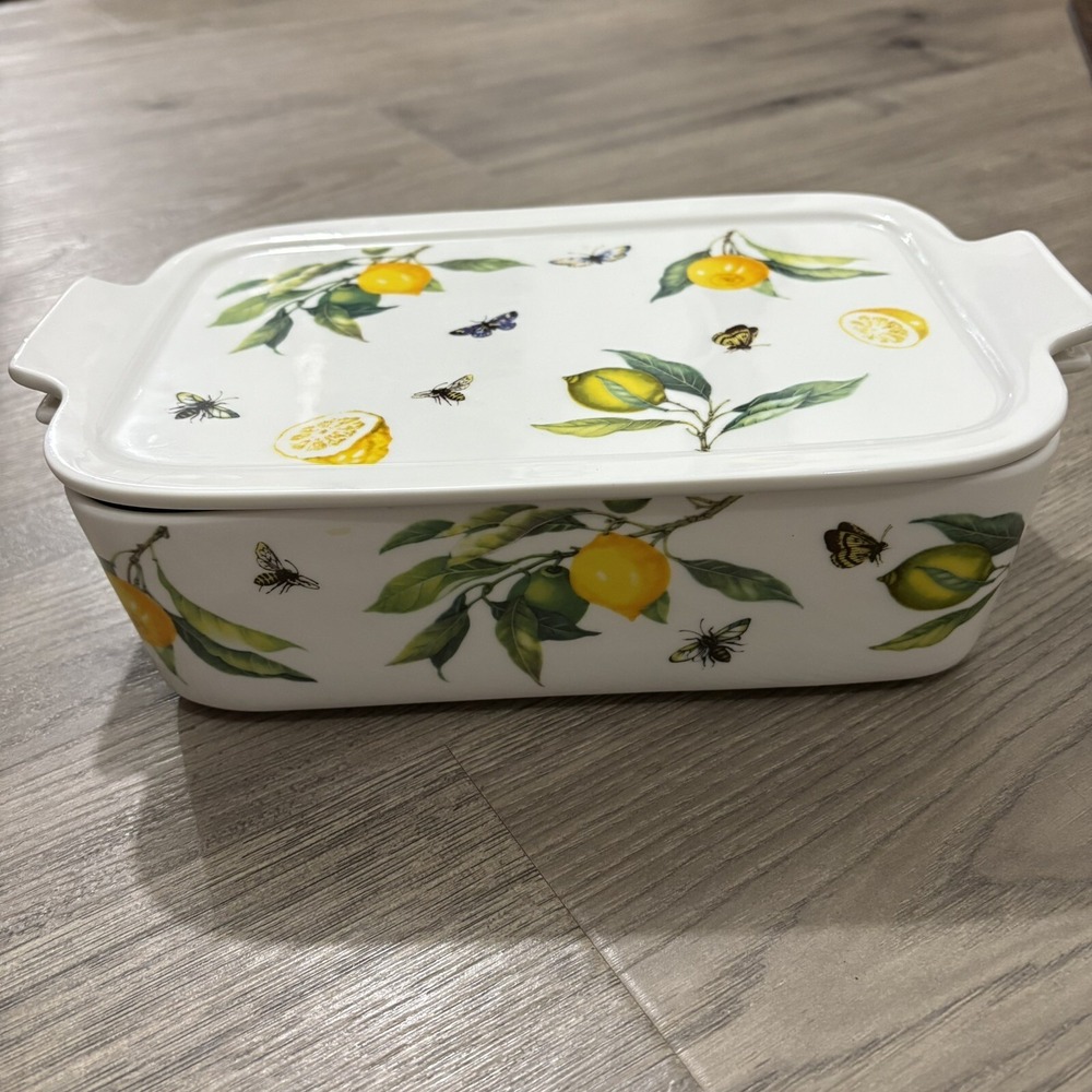 Grace Pantry Lemons, Bees, Butterflies Porcelain Oven Safe Casserole Dish W/ Lid